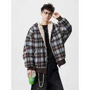 至唯美式復古棉服男加絨加厚潮流25秋冬季新款棉衣男保暖連帽棉襖外套 DSD206-1-MY1709藍格子 XL 【推薦125-145斤】