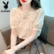 花花公子（PLAYBOY）韓系chic別致甜美刺繡花朵襯衫女夏季顯瘦獨(dú)特絕美泡泡袖小衫上衣 杏色 M (建議70-95)