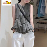 初徑韓系甜美荷葉邊格子娃娃衫襯衣女夏季寬松顯瘦小個子無袖上衣 格子【現(xiàn)貨】 S 85-105斤