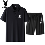 花花公子商務(wù)休閑冰絲短袖t恤男裝夏季薄款中青年polo領(lǐng)體恤衫上衣 黑色+短褲 3XL 碼建議155-170斤