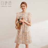 白鹿語甜美釘珠木耳邊碎花裙夏季新款鏤空繡花寬松短款連衣裙 花色  M 