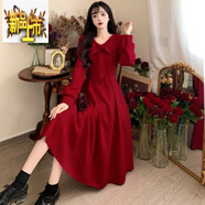 初徑新年紅色連衣裙少女秋冬裝胖美眉法式氣質(zhì)娃娃領(lǐng)甜美收腰中長(cháng)裙學(xué) 紅色 L 大碼
