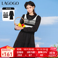 LAGOGO氣質(zhì)兩件套條紋背心泡泡袖連衣裙拉谷谷春秋新品氣質(zhì)連衣裙 黑色(W1) S