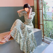 SKYHEART女夏2025碎花雪紡長裙韓版森系喇叭袖短裙 2108-5綠色 M