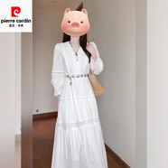 皮爾卡丹（pierre cardin）法式溫柔風白色鏤空V領連衣裙女2025新款春季海邊度假風收腰裙子 白色連衣裙  【早春/春天/春款/春裝/早秋/秋季 S