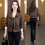 忻依美時尚豹紋短外套女2025春秋季拉鏈開衫顯瘦小個子休閑百搭夾克上衣 咖色豹紋 2XL 【建議125-140150】