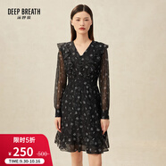 深呼吸DEEP BREATH女裝印花造型洋裝高腰雪紡連衣裙A500189 黑 L (4碼)
