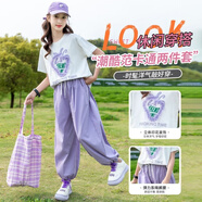 甜苗苗女童夏季洋氣運(yùn)動(dòng)套裝新款時(shí)尚女大童裝闊腿褲女孩短袖夏裝兩件套 女童時(shí)尚休閑套裝【紫色草莓】 150 cm【建議身高135-145cm】
