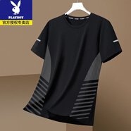花花公子（PLAYBOY）冰絲短袖T恤男夏季寬松圓領(lǐng)速干涼感半袖透氣男士薄款冰爽體恤衫 純黑【收藏加購優(yōu)先發(fā)貨】 M 建議80-100斤