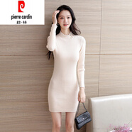 皮爾卡丹（pierre cardin）秋加厚半高領(lǐng)中長(cháng)款毛衣裙包臀修身顯瘦蕾絲拼接打底毛線(xiàn)針織衫 9135杏色 S