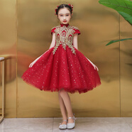 獨孤伽羅女童公主裙蓬蓬裙兒童禮服花童小孩主持晚禮服鋼琴演出服走秀夏季 酒紅色短袖短款 cm 均碼