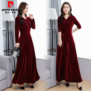 皮爾卡丹（pierre cardin）2025春秋冬新款金絲絨連衣裙女長(cháng)袖高端氣質(zhì)長(cháng)裙洋氣高貴絲絨裙 酒紅色 XL (建議 120-130斤)