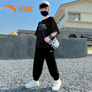 安踏（ANTA）兒童男童女童套裝2025新款春裝速干短袖兩件套兒童運動服 黑T+薄棉褲1603 140 cm
