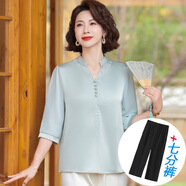 情羅蘭媽媽裝夏裝中老年女裝套裝短袖T恤雪紡衫褲子兩件套40-50歲中年人 淺綠【+黑褲】 2XL （建議100-115斤）