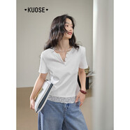 闊色（kuose）法式v領(lǐng)蕾絲拼接白色上衣女2025初夏季新款寬松氣質(zhì)短袖T恤 白色 S