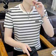 花花公子（PLAYBOY）男士短袖t恤夏季2025新款潮流男裝休閑冰絲體恤韓版重磅條紋衣服 白色 M