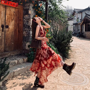 新疆西北云南旅游穿搭復(fù)古碎花吊帶度假風(fēng)連衣裙不規(guī)則海邊沙灘裙 紅色 L