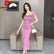 皮爾卡丹（pierre cardin）法式名媛甜美氣質(zhì)花朵褶皺方領(lǐng)短袖連衣裙洋氣少女高級小禮服長(cháng)裙 關(guān)注店鋪+小禮物 S