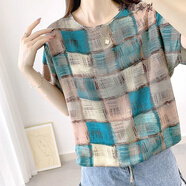 風(fēng)曉薇棉綢襯衫女短袖夏韓范收腰圓領(lǐng)棉綢上衣女人造棉襯衣 【棉綢面料】綠格子 L 【100-110斤】