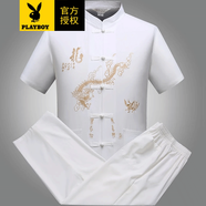 花花公子唐裝中山裝男士春夏季中國風(fēng)短袖套裝道袍漢服晨練服民族風(fēng)古裝 大龍短袖白色套裝 L
