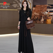 皮爾卡丹（pierre cardin）大尺碼氣質(zhì)休閑長袖洋裝套裝女春秋顯瘦歐貨開衫打底裙子三件套 黑色三件套【優(yōu)質(zhì)版】 2XL 【125-140斤】