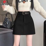 皮爾卡丹（pierre cardin）棕色加厚毛呢半身裙女秋冬高腰a字包臀十三行淺色止步咖色短裙褲 黑色【迷你裙/時(shí)尚洋氣/美式超短裙/衛衣配/日單/ XL