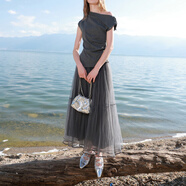 三彩2025秋季新款網(wǎng)紗半身裙松緊腰A字裙浪漫長(cháng)裙優(yōu)雅M 寂靜灰 L 165/72A