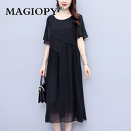 MAGIOPY輕奢高端大碼女裝雪紡連衣裙夏中長(cháng)款裙子 黑色 M 適合90-120斤