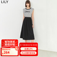 LILY夏新款女裝復(fù)古條紋設(shè)計(jì)感寬肩時(shí)尚拼接假兩件高腰連衣裙 510黑 M