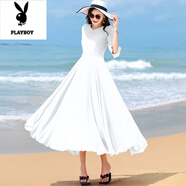 花花公子（PLAYBOY）V領(lǐng)連衣裙2025新款中袖雪紡長(zhǎng)裙大擺仙女裙喇叭袖波西米亞沙灘裙 白色 M