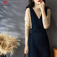 皮爾卡丹裙子秋冬連衣裙2025新款復古設計感背帶裙高腰顯瘦無(wú)袖毛呢馬甲裙 藏青色 3XL 139-150斤