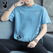 花花公子（PLAYBOY）純棉短袖t恤男士2025新款半袖體恤衫寬松潮流夏季男裝上衣服 Z826藍色 L 【建議115-128斤】