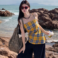 九寸陽光美式復古吊帶背心上衣女不規(guī)則黃色格子夏季海邊辣妹開叉收腰外穿 黃色格子 M