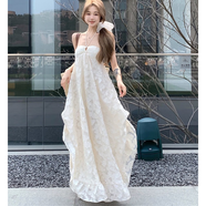 斤慕法式吊帶連衣裙 2025新款女裝掛脖吊帶修身顯瘦海邊度假風(fēng)裙子 米白色 L 建議108-118斤
