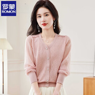 羅蒙（ROMON）秋季小清新v領(lǐng)網(wǎng)紗袖針織衫女短款秋裝2025新款薄款上衣春秋好看 粉色 S  【80-90斤】