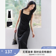 梵希蔓法式方領(lǐng)黑色連衣裙女2025年夏季新款褶皺收腰氣質(zhì)背心長裙 A1718 黑色 S