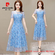 皮爾卡丹（pierre cardin）2025夏季流行楓葉花收腰遮肚子網(wǎng)紗連衣裙女中長(cháng)款印花氣質(zhì)媽媽裙 淺藍色(新花型) XL 建議100-110斤