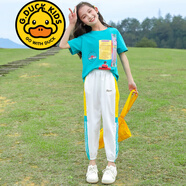 G.DUCKKIDS品牌童裝女童夏裝套裝短袖t恤褲子夏季兩件套洋氣女孩中大童衣服 風(fēng)車套裝 綠色 130