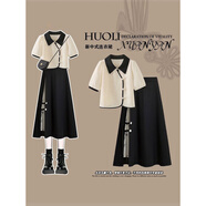 梓洛蘭ZiLuoLan新中式連衣裙2025夏季女裝新款女神范國風(fēng)小個(gè)子旗袍裙子 杏色拼黑+黑色半身裙 M 【80-100斤】