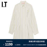 BAPY IT 女裝中長(zhǎng)款條紋襯衫新款復(fù)古文藝捏褶收腰長(zhǎng)上衣ST8182AO BGX/棕色 S