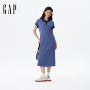 GAP女裝2025夏季新款刺繡logo撞色polo領(lǐng)連衣裙長款休閑風764921 藍色條紋 M (165/84A) 亞洲尺碼