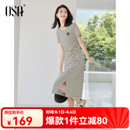 歐莎（OSA）圓領(lǐng)條紋連衣裙女夏季高級感捏褶收腰顯瘦小個子t恤裙中長款裙子 黑杏條紋 XL