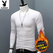 花花公子（PLAYBOY）加絨加厚長(zhǎng)袖t恤男士V領(lǐng)純棉體恤純色大碼打底衫保暖內(nèi)搭修身上衣 白色 M 100斤左右穿