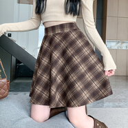 BMOI格子毛呢半身裙女秋冬復古格紋高腰顯瘦A字裙大擺傘裙減齡中裙 咖啡色 （帶內襯） M 建議90-105斤