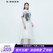 S.DEER圣迪奧女裝撞色印花圓領(lǐng)連衣裙S20281270 白色/90 L/170