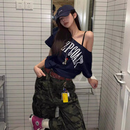心楠美式復(fù)古辣妹斜肩短袖t恤女夏季2025新款寬松慵懶風(fēng)露肩別致上衣 藏青色M碼【建議80-100斤】