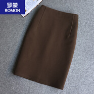 羅蒙韓版毛呢裙半身裙女秋冬新款高腰純色彈力中裙包臀裙一步裙子 咖色 M 2XL 80c腰圍