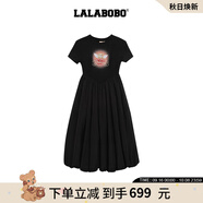 拉拉波波連衣裙女2025新款國潮印花氣質(zhì)顯瘦減齡百搭裙子 黑色 S