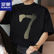 羅蒙（ROMON）260g重磅純棉t恤男短袖圓領(lǐng)上衣服夏季半袖美式寬松潮流印花體恤 M09-696黑色 S 【80-100斤】