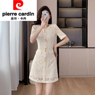皮爾卡丹法式名媛時(shí)尚氣質(zhì)減齡單排扣短袖蕾絲連衣裙設計感洋氣小禮服 杏色短裙 S
